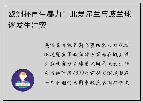 欧洲杯再生暴力！北爱尔兰与波兰球迷发生冲突