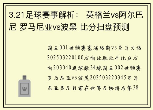3.21足球赛事解析： 英格兰vs阿尔巴尼 罗马尼亚vs波黑 比分扫盘预测