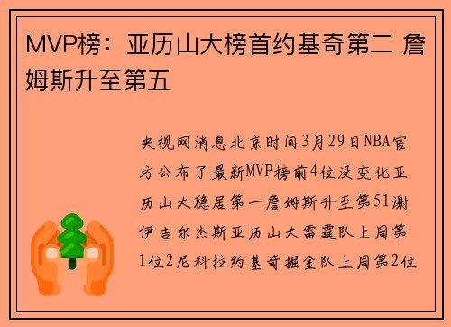 MVP榜：亚历山大榜首约基奇第二 詹姆斯升至第五